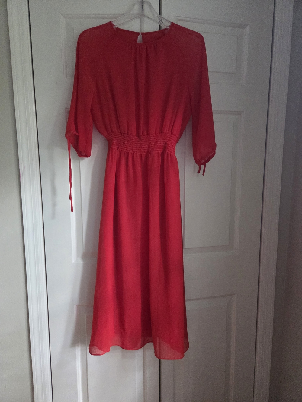 Red Flowy Midi Dress - Elegant Smocked Waist